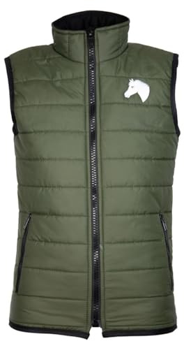 MS-Trachten Kinder Winter Reitweste Steppweste Winterweste Moni mit gesticktem Pferdekopf Oliv – Warm, Gefüttert, Winterreitweste perfekt für Reiterinnen
