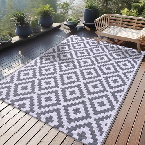 Homaxy Outdoor Teppich Wetterfest, Kunststoff Stroh UV-beständig Wendbar Faltbar Waschbar Balkon Garten Teppich für Terrasse Camping Picknick (120 x 180 cm, Grau & Weiß)
