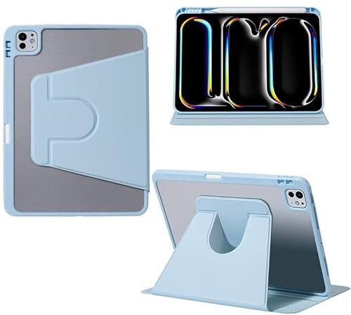 Yhsvie Custodia girevole per iPad Pro da 11 pollici (M4) 2024 con portapenne, custodia in pelle PU con supporto, girevole a 360 gradi, retro trasparente, auto guardia/sonno blu