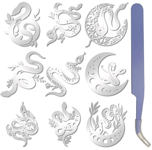 craspire 9 Stück 9 Stile Schlangenaufkleber Schlangenaufkleber Silbermetall Wasserdicht Selbstklebende Vinyl Tierprägungsaufkleber Mit Pinzette Für Flaschen Halloween Party DIY Sammelalben Kunstharz