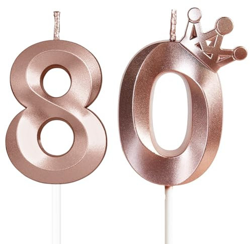 Yiran Rose Gold 80th Birthday Candles with Crown Decor, 3D Number 80 Candle, 80th Birthday Candle for Cake, Happy Birthday Candle, Cake Candles Cake Topper Decorations for Women Birthday Party Supply