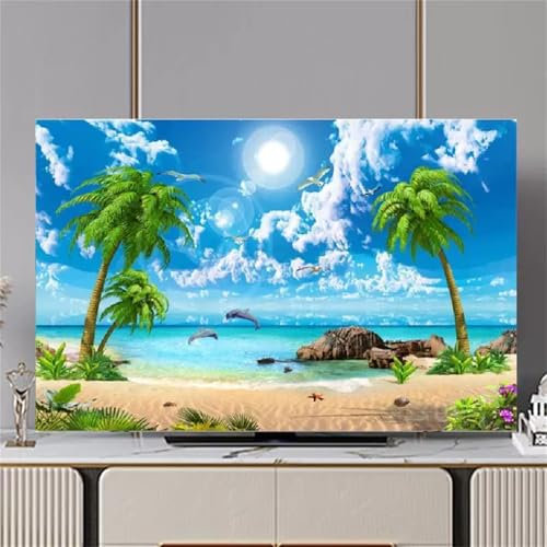 Hixingo TV Abdeckung Staubschutzhülle, 3D Landschaft Muster Schutzhülle Fernseher 32-80 Zoll TV Schutzhülle Fernsehabdeckung Fernseh Abdeckung Abdeckhaube für Fernseher (Kokospalme,58-60inch)