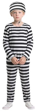 BSBUY Kinder Kostüm Häftling Set 5Pcs Gefängniskostüm Uniform Jungen mit Sträfling Oberteil Verbrecher Hose Knast Hut Häftlingsnummer Handschellen und Aufkleber Faschingskostüme Halloween Karneval 140