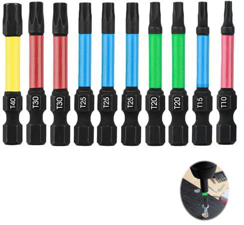 10 Pcs Torx Screwdriver Bit Set 50mm S2 Steel Star Magnetic Impact Driver | Hardened alloy material, Tip holder socket, Rated durable tips, Drive profile precision, Quick chuck hexagonal