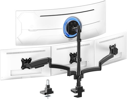 PUTORSEN Soporte 4 monitores para hasta 49 Arriba y 3x27 Abajo | Soporta hasta 20 kg, soporte para 4 monitores con resorte de gas, totalmente ajustable, abrazadera C y base ojal, 75/100 mm