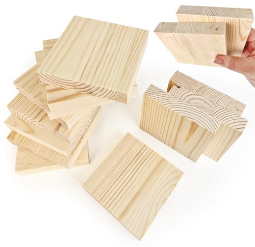LOMUG Lot de 12 blocs carrés en bois de pin non vernis pour travaux manuels, sculpture sur bois, sous-verre, peinture et gravure (10 x 10 x 2 cm)
