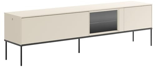 NUK Selsey TV-Lowboard 196 cm Cremefarbenes Mattes Design Hochwertige Spanplatte & Gehärtetes Glas Schwarze Metallbeine Integriertes Eye-LED mit Touch Push-to-Open Ideal fürs Wohnzimmer