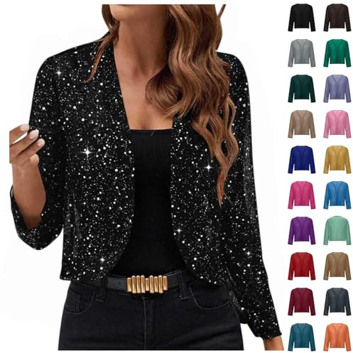 Damen Bolero Festlich & Glitzer Cardigan, Kurze Strickjacke Langarm, Elegantes Jäckchen für Abendkleider, Offener Strickbolero als Party Abendmode, Leichter Schulterbolero für Hochzeit & Feste