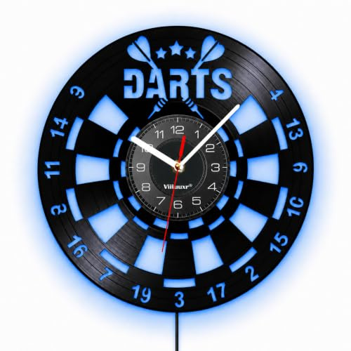 Viiluuxr Ausgefallene LED-Darts-Wanduhr 30 cm, leise Vinyl-Uhr, schwarz | Schwarze LED-Wanduhr im Schallplatten-Look mit Dartscheibenmotiv, 30 cm, 7 Farben per USB für Spielzimmer, Bar und Hobbyraum