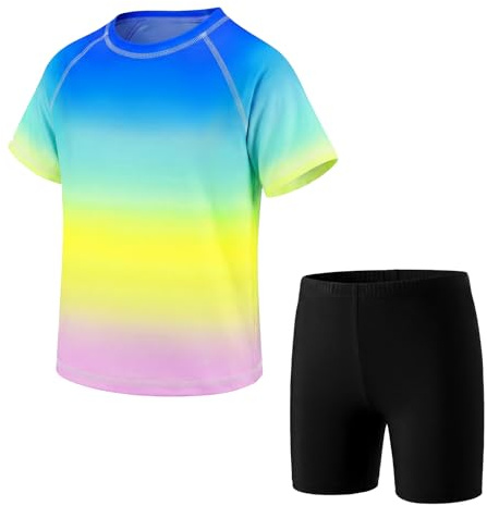 Keyck Maillot de Bain Garcon 2 Pieces Rashguard et Short de Bain 3-11 Ans | Anti-UV Haut de Bain, Manches Courtes, Séchage Rapide, T-Shirt Ensemble Protection Solaire, Natation Plage Surf pour Enfants