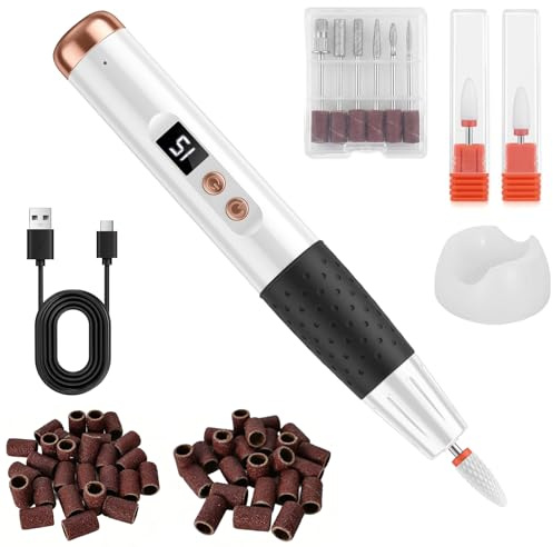 Colexy Torno para Uñas, Torno para Uñas Profesional, Lima Eléctricas Uña USB con Brocas de Cerámica, Pulidoras de Uña Portatil Velocidad Ajustable, 1-15 Ajustes de Velocidad (Blanca)