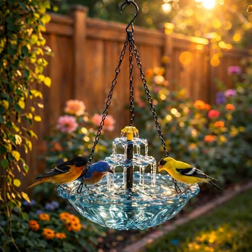 Solar Cascade Hanging Bird Bath Fountain - Solar Powered Birdbath With Water Pump | Outdoor Water Feature For Garden, Attracts Wild Birds, Hummingbirds, With Glass Basin