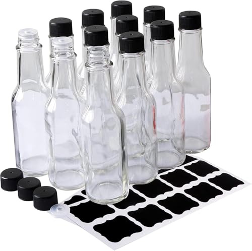RusseryPek 12 Pack Hot Sauce Bottles, 150ml Clear Woozy Bottles | Leak Proof Black Screw Caps, Snap On Dripper Inserts, Empty Beverage Bottles, With Labels