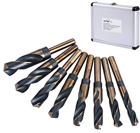 KATSU Reduced Shank Drill Bits Set 8Pcs, 9/16-1 Imperial High Speed Steel HSS Blacksmith Twist Drill Bits 1/2 Shank for Wood Metal Steel in Aluminum Case 12697006