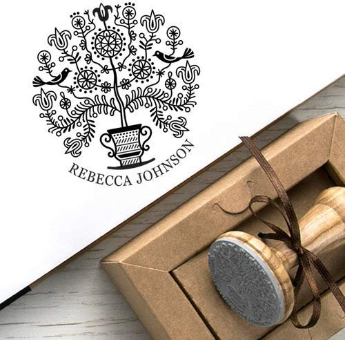 Personalisierter Stempel Baum des Lebens, Stempel Personalisiert Name Rund Individueller Text, Holzstempel Baum Lilie Blume Singender Vogel, Einzigartige Kraft Geschenkbox
