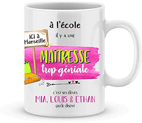 Cadeau maîtresse à personnaliser avec le prénom de votre enfant - Mug pour maîtresse personnalisé - cadeau maîtresse pour la fin d'année scolaire