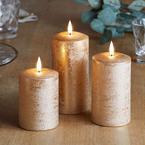 Lights4fun Set of 3 Distressed Gold Copper TruGlow® Battery LED Flameless Pillar Candles Real Wax Timer