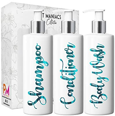 Print Maniacs 3 Set Mrs Hinch Inspired White Personalised Dispenser Pump Bottles Shampoo Conditioner Body Wash (Teal)