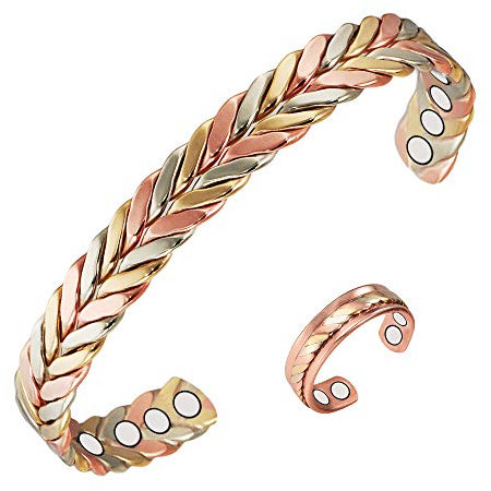 2 Pcs 99.9% Pure Copper Braided Magnetic Bracelet with Rings Set for Women and Women Arthritis Pain Relief with 8+4 Magnets Adjustable Length