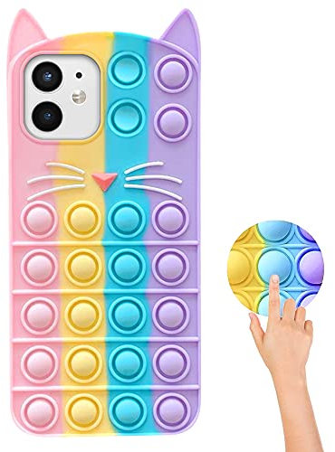 ISAKEN Phone Case with Cute Cat Ears for iPhone 11, Push Pop Bubble Sensory Toy Stress Reliever Colorful Soft Silicone Protective Cover