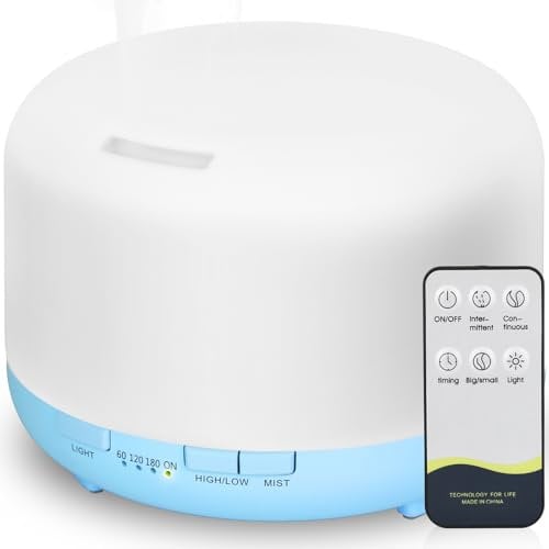 Hianjoo Aroma Diffuser 450ml, Luftbefeuchter mit Timer, Ultraschall Aromatherapie Diffusor 7 Farben LED mit Fernbedienung für Schlafzimmer/Büro/Yoga/Spa - Hellblau