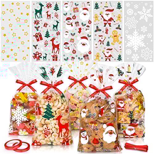Elidepe Plätzchentüten, 100 Stück Kekstüten Weihnachten, Cellophantüten Tüten zum Befüllen, Weihnachtstüten zum Befüllen, Kleine Weihnachtstüte mit Schleife für Kekse, Schokolade, Süßigkeiten