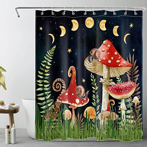 LB Trippy Roter Pilz Duschvorhang 240x175cm Grüne Pflanzen Schnecke Antischimmel Wasserdicht Badezimmer Vorhänge, Mondphase Schwarzen Nachthimmel Extra Breit Polyester Stoff Bad Vorhang mit Haken