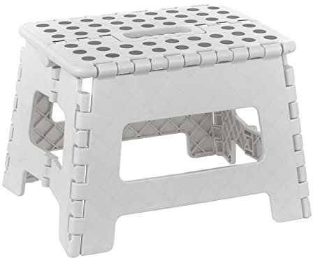 Baroni Home Sgabello pieghevole, portata 130 kg, Sgabello per cucina ultra-resistente, Sgabello Salvaspazio per bagno, giardino, bambini e adulti, 29x22x22 cm, M Bianco