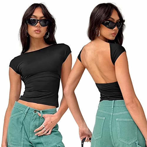 Arkim Backless Top Damen Y2K Rückenfreies Oberteil Sexy Oberteile Damen Umkehrbarer Stil Strassenmode Neu im Sommer Oberteile Damen(Schwarz,S)