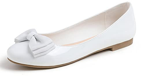 Feversole Women's Round Toe Cute Bow Trim Ballet Flats Dolly Shoes White Patent Bow 6.5 UK