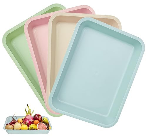 QUCUMER 4 Pcs Bandejas para Servir Comida 30,5 x 23 cm x 4.5cm de Alta Bandeja Plástico Duro Rectangular Bandeja de Desayuno Bandejas Plasticas Apilables para Servir Alimentos Desayuno Frutas, 4 Color