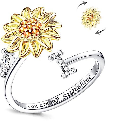 Kucheed Fidget Ring Für Frauen, Sonnenblume, Größenverstellbarer Spinner-Ring, Silber Stapelbar Anti-Stress-Buchstabe Fingerkreis, Graviert 'You Are My Sunshine' Im Inneren Des Schmucks(I)