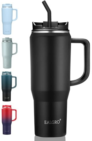 EALGRO 40 oz Tumbler with Handle, Insulated Tumblers with Lid and Straw, Large Metal Sports Water Bottle Jug, Thermal Stainless Steel Travel Coffee Mug Cup, Black
