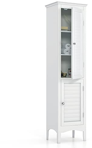 RELAX4LIFE Bathroom Tall Cabinet, Double-Door Slim Storage Cupboard with 5-Tier Shelf, Floor-Standing Tallboy Unit Cabinet for Bathroom Living Room (3-Level Adjustable Shelf, 38x33x160cm, White)