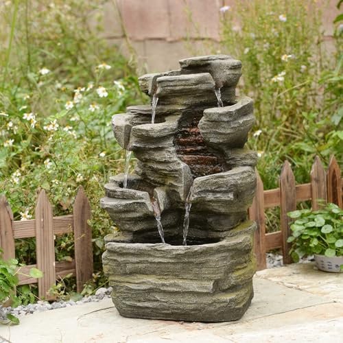Bumilgar - 6 Tier Waterfall Rock Water Fountain for Garden Patio Patio Deck, Porch and Home Decor, 24.4 Inch Tall Outdoor Fountain with Lights