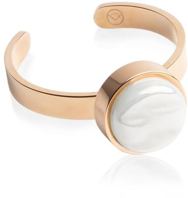 Roségold Ring mit Stein in weiß • Offener Edelstahlring • 18k vergoldeter Edelstahl & recyceltes Glas • nachhaltiger Halbedelstein-Look • größenverstellbar (min. Ø 16 mm)