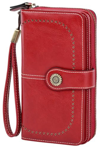 Portafoglio Donna in Pelle, Grande Capacità Portafogli da Donna, Portafoglio in pelle PU Lunga, Portafogli Grandi RFID con Portamonete, Portamonete Chiusura con cerniera (Blu pavone) (Rosso vino)