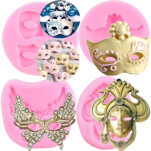 RFGHAC 4 Stück Maske Silikonformen Maskerade Maske Fondant Form für Kuchendekoration Cupcake Topper Süßigkeiten Harz Ton Schokolade Gummipaste, ZB152CK