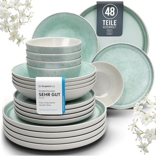 Steingut Geschirrset 12 Personen Ibiza 48 tlg. TESTSIEGER, Traumhaftes Mediterranes Steingut Geschirr Set, Schüssel- und Teller Set, Tafelservice 12 Personen, Geschirrsets Pure Living in Türkis