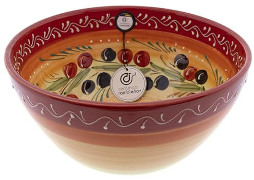 CERÁMICA RAMBLEÑA | Ensaladera cerámica | Ensaladeras originales | Ensaladera cocina decorado Rojo - Modelo 29 | 100% Decoración a mano | 26x26x13.5 cm