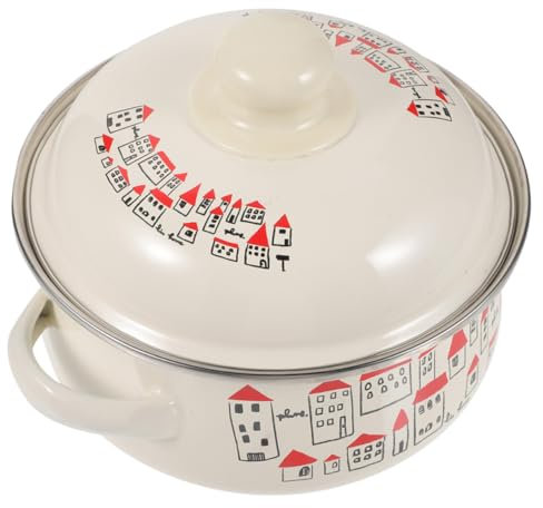 POPETPOP Enamel Soup Pot Lid Small 18cm Retro Double-handle Enamelware Portable Cooking Pot Outdoor Picnic Kitchenware