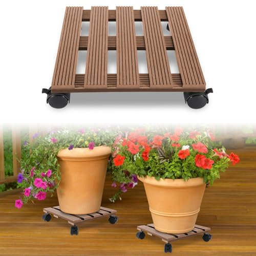 Jopassy 4X WPC Pflanzenroller 30x30CM, Blumenroller Tragkraft 80 KG, Rolluntersetzer mit Rollen, Rollbrett für den Innen- und Außenbereich, Kübelroller für Pflanzen, Blumentopf (Eckig Braun)