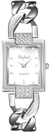 JewelryWe Damenuhr Glitzer Rechteckig Uhr: Damen Elegant Strass Analog Quarz Armbanduhr Frauen Silber Panzerkette Metallarmband Lässige Uhren mit Eckigem Zifferblatt