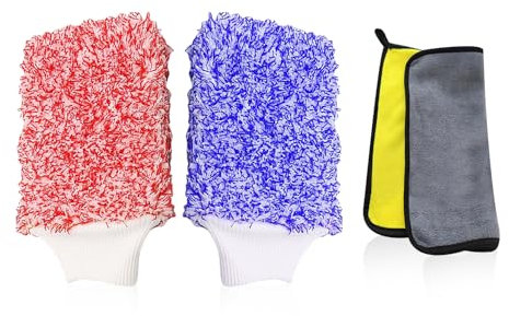 Gants De Lavage De Voiture 2 Pièces, Dont 1 Serviette De Lavage De Voiture, Gants De Nettoyage Super Absorbants, Gants De Lavage De Voiture en Microfibre, Kit d'entretien