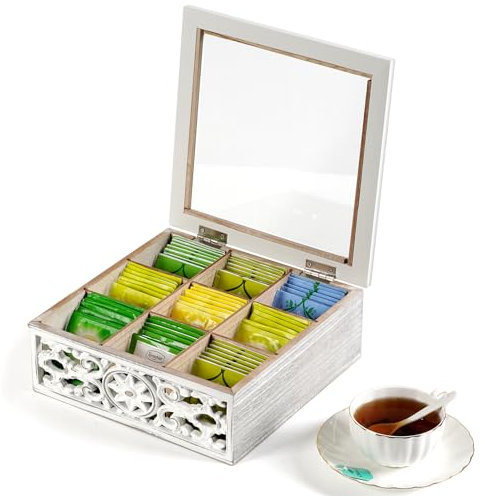 Optyuwah Tea Bag Holder Tea Bag Organiser Wooden Tea Box for Tea Bags, Tea Organiser 9 Compartments Tea Chest Storage Box with Clear Lid, Tea Caddy for Tea Coffee Sugar, Home Kitchen Office, White