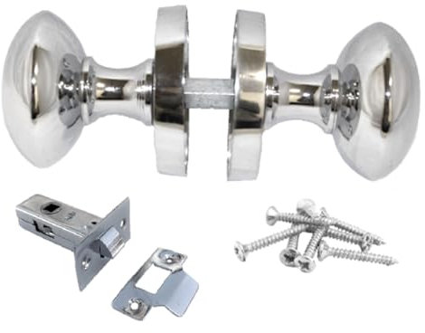 Polished Chrome Victorian Style Round Door Knob Set – Sprung Internal & External Knobs with Optional 63mm Tubular Latch – Available in 1, 4, or 6 Pairs (1 Pair of Door KNOBS + Tubular Latch)