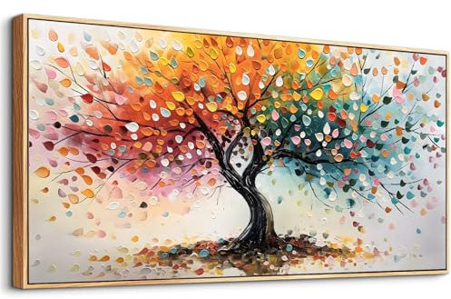 MHARTK66 Bunter Lebensbaum Bilder Mit Rahmen Holz, Natur Abstrakt Roter Landschaft Leinwand Bild, 50x100 cm Groß Wandbilder Wohnzimmer, Modern Wanddeko Kunstdruck Schlafzimmer Esszimmer Büro Küche