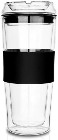 Double Wall Glass Coffee Travel Mug with Lid, Insulated for Hot and Cold Beverages, 14 Ounces Capacity, Clear Drinking Tumbler, All Made of Glass Including the Lid