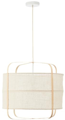 Lightbox Boho Hängelampe mit beigem Bambus/Stoff Lampen-Schirm | 150 cm Höhe, Ø 55 cm | kürzbare Pendelleuchte für das Schlafzimmer | E27 Fassung | aus Metall/Bambus/Textil | in Hell-Braun/Beige