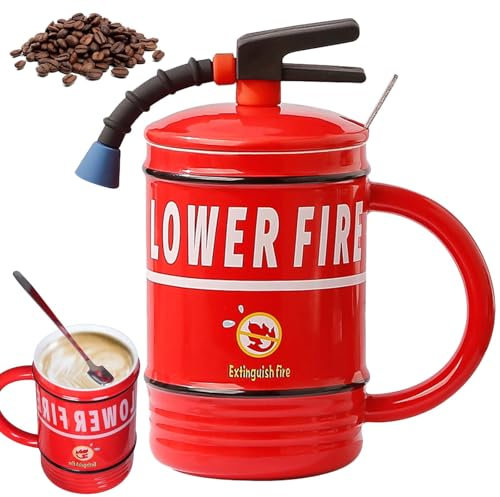 480ml Feuerlöscher Tasse Personalisiert, Keramik Kaffeebecher, Becher in Form Eines Feuerlöschers für Kaffee, Tee Getränke, Feuerwehr Tasse für Büro, Männer Firemen Liebhaber, Lustiges Geschenk, Rot